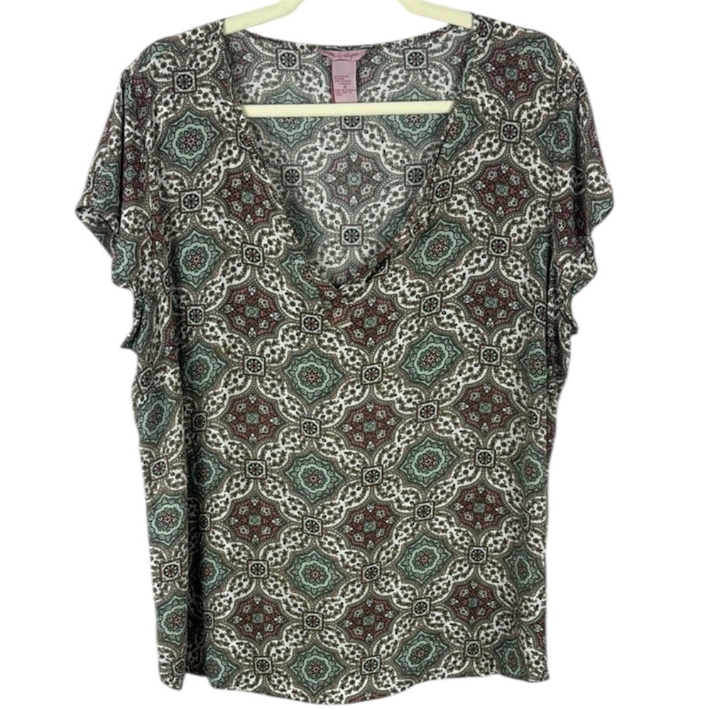 Rose & Rhyme Cream and Brown Patterned Relaxed Cap Sleeve Blouse Size 1X